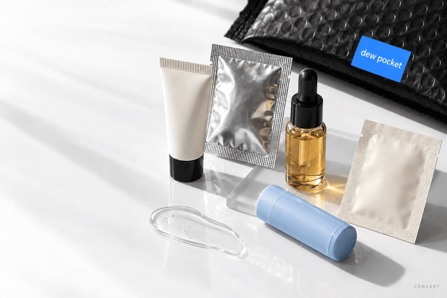 Concept: five varied miniature beauty samples on white, with gel texture and a black mailer with blue label