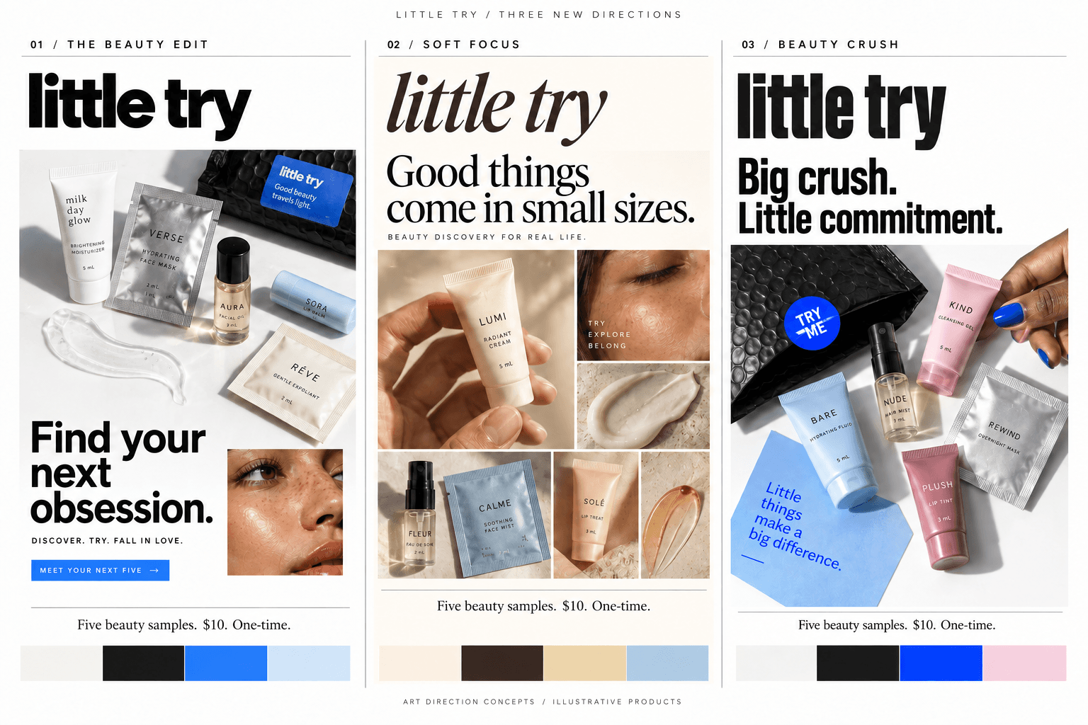 Historical Little Try comparison board: The Beauty Edit (selected), Soft Focus, and Beauty Crush